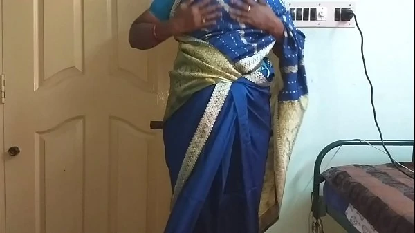 des indian horny cheating tamil telugu kannada malayalam hindi wife vanitha wearing blue colour saree showing big boobs and shaved pussy press hard boobs press nip rubbing pussy masturbation