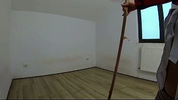 Nympho Maid Masturbates with Broom Mop While Cleaning an Abandoned House
